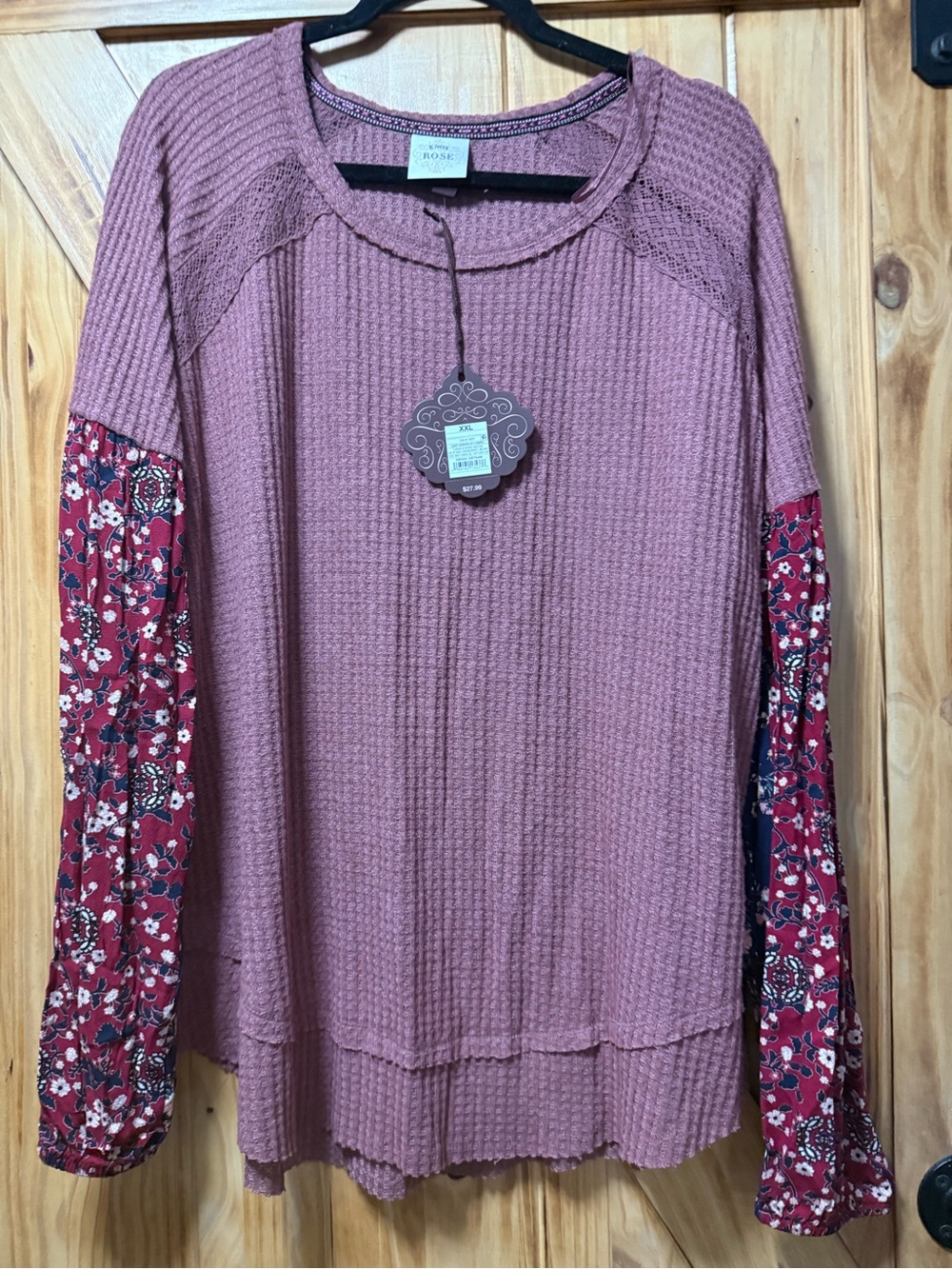Knox Rose Mauve Waffle Knit Long Sleeve Top with Red Floral Sleeves
